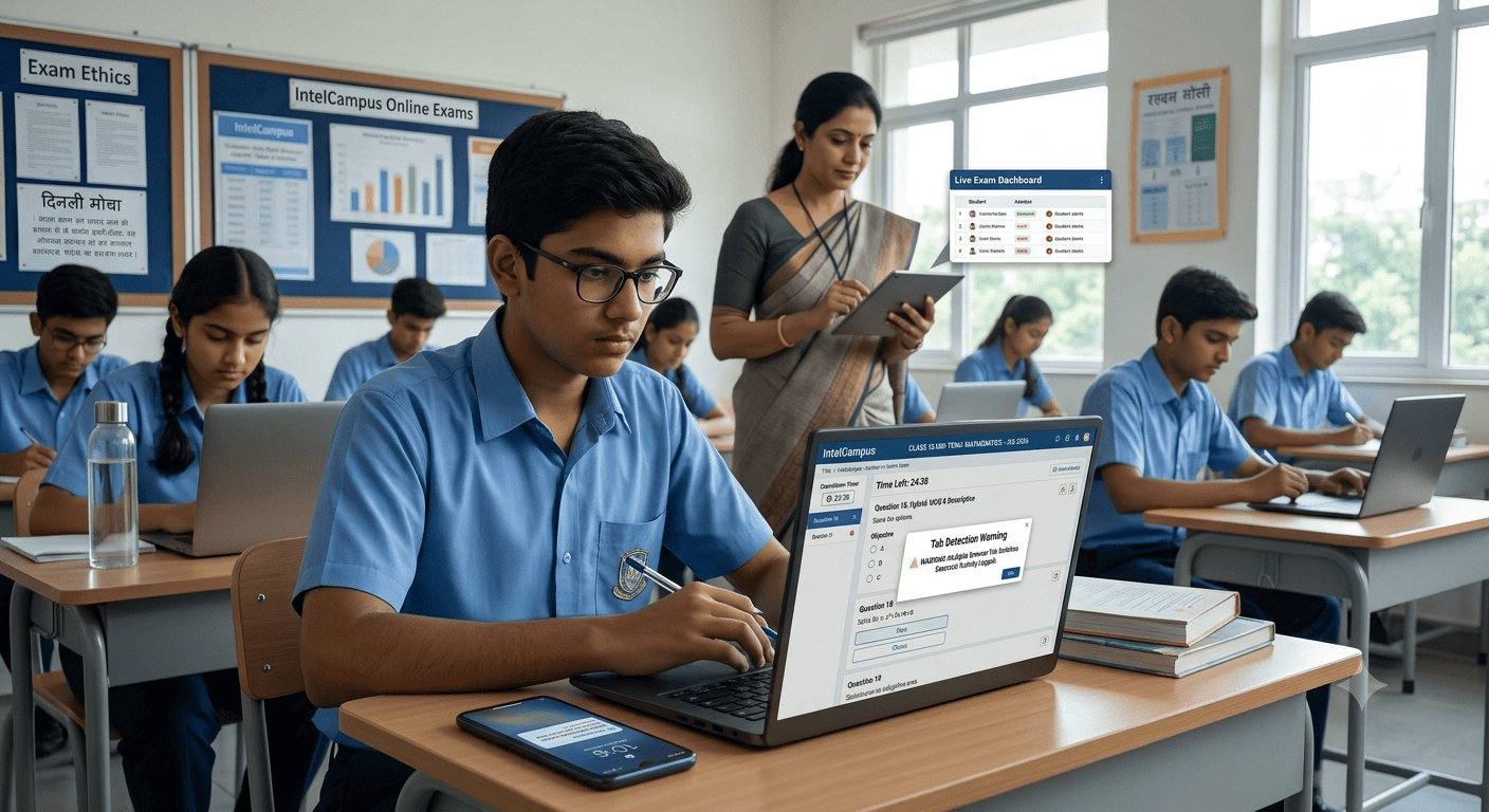 Student attempting an online MCQ exam on the IntelCampus platform