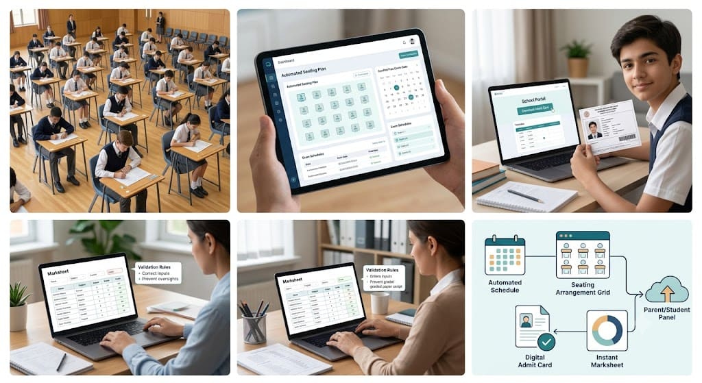 Collage showing offline exam management on IntelCampus: exam hall, automated seating plan, printed admit card, and digital marksheet verification