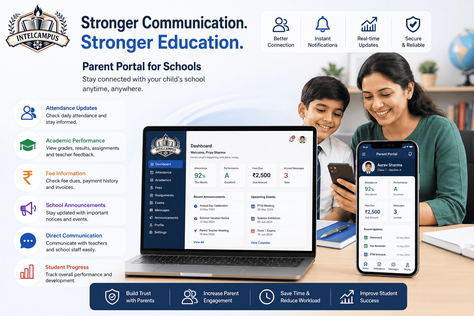 Parent portal screen showing a child's academic progress on IntelCampus