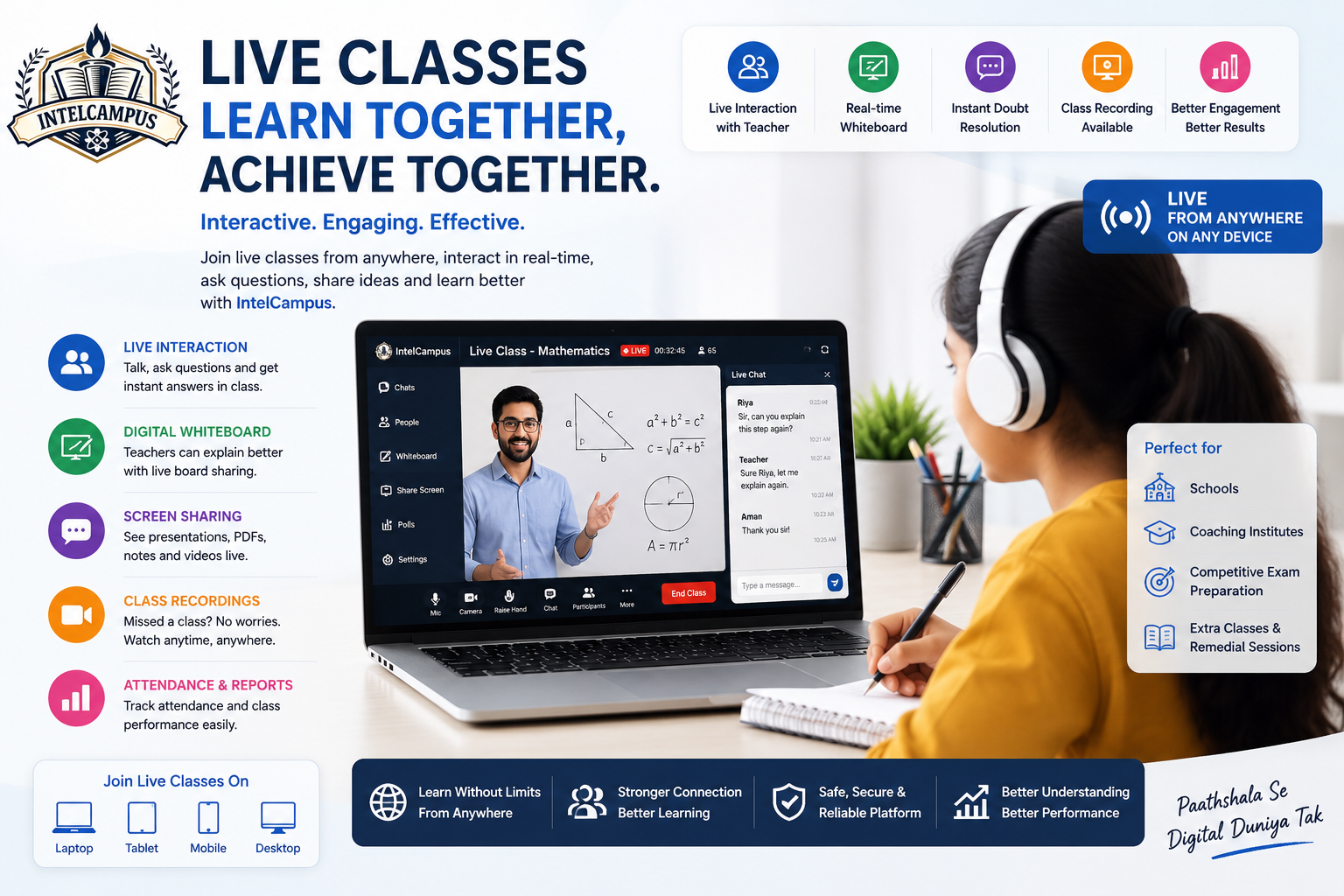 Teacher hosting a live online class on the IntelCampus platform