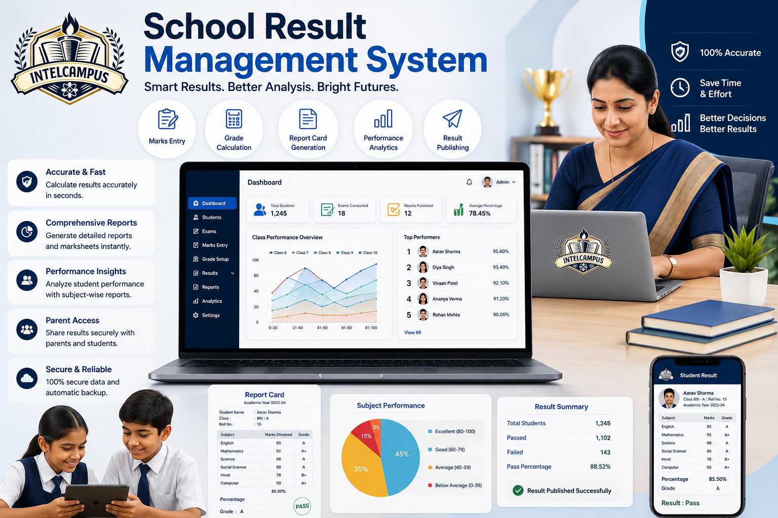 Teacher generating student report cards on the IntelCampus result management system