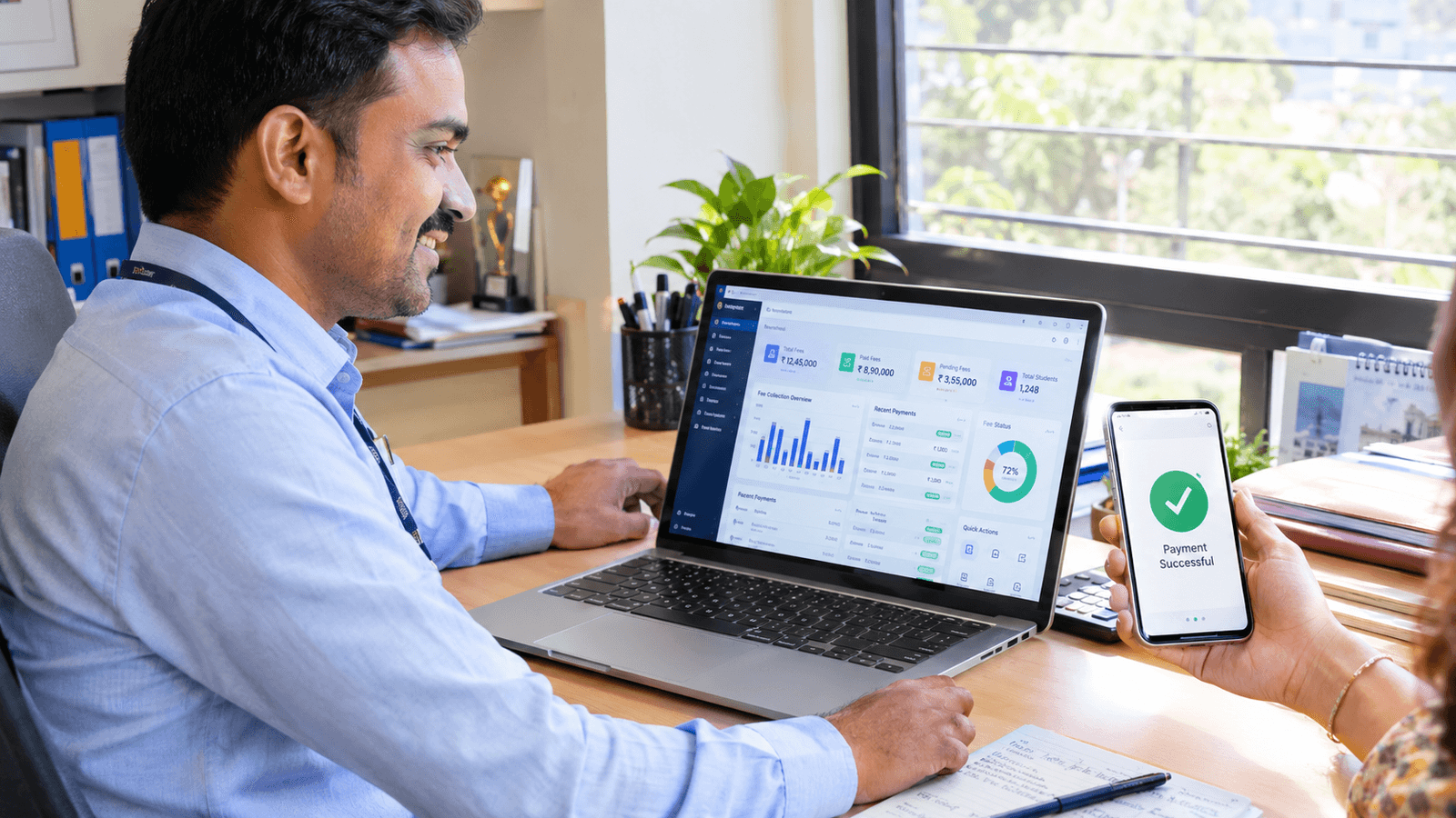 Indian school accountant using automated school fee management software for instant UPI fee collection.