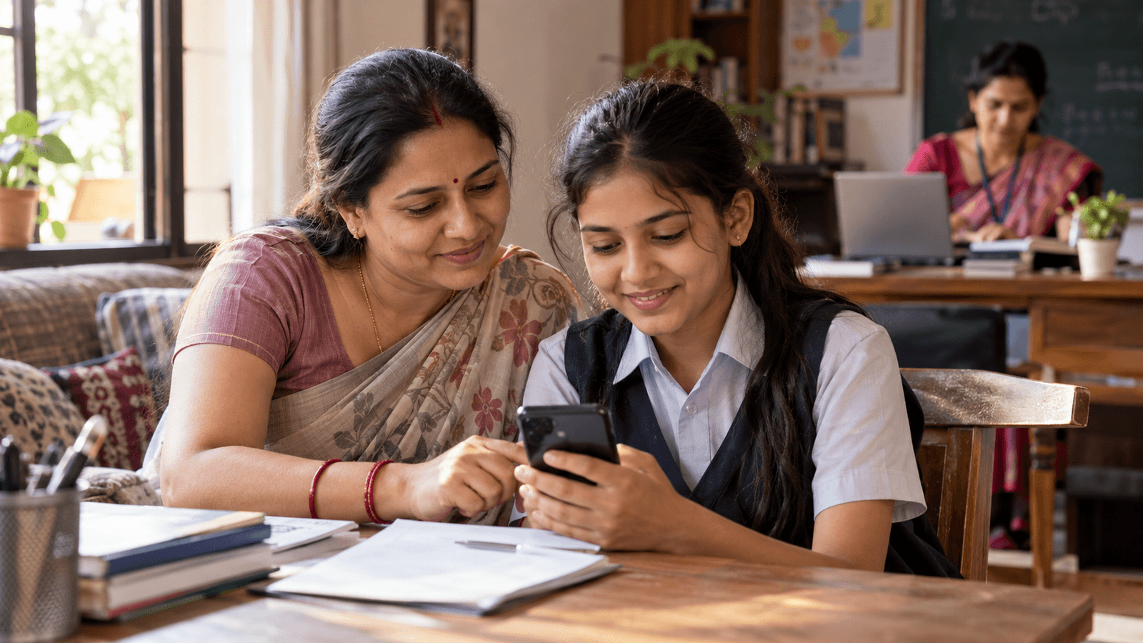 Indian mother and student checking secure teacher chat updates on a school communication chat app