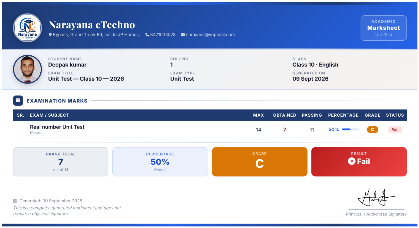 Auto-generated IntelCampus individual marksheet