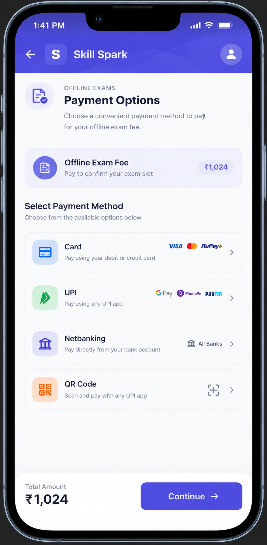 IntelCampus app - parent choosing UPI, card, netbanking or QR code to pay school fees online