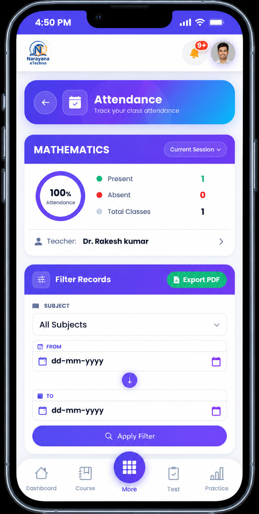 Student viewing their attendance on the IntelCampus app