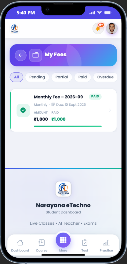 Student viewing fee payments on the IntelCampus app