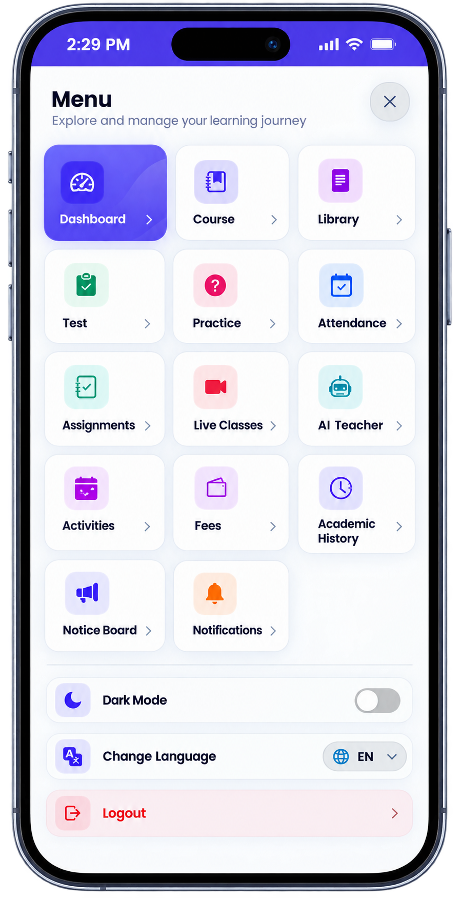 IntelCampus student panel — course, attendance, fees and more in one menu
