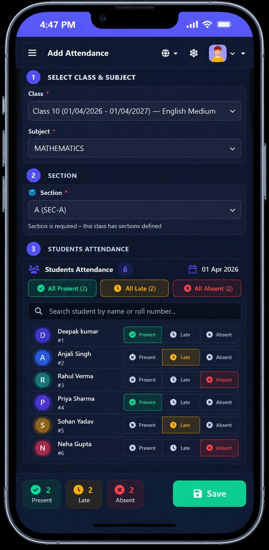 Teacher marking attendance on the IntelCampus app
